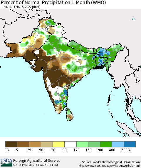 Southern Asia Percent of Normal Precipitation 1-Month (WMO) Thematic Map For 1/16/2022 - 2/15/2022