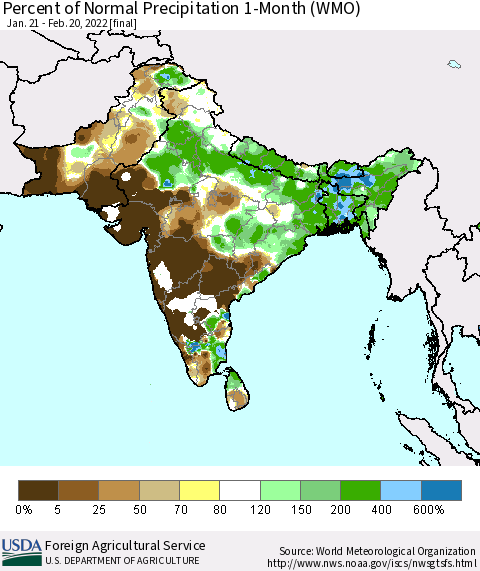 Southern Asia Percent of Normal Precipitation 1-Month (WMO) Thematic Map For 1/21/2022 - 2/20/2022