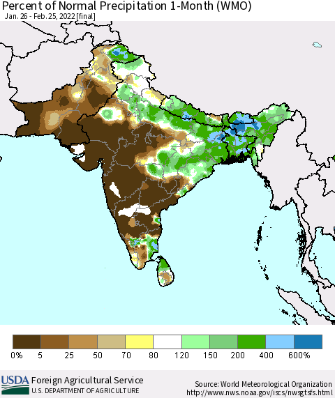 Southern Asia Percent of Normal Precipitation 1-Month (WMO) Thematic Map For 1/26/2022 - 2/25/2022