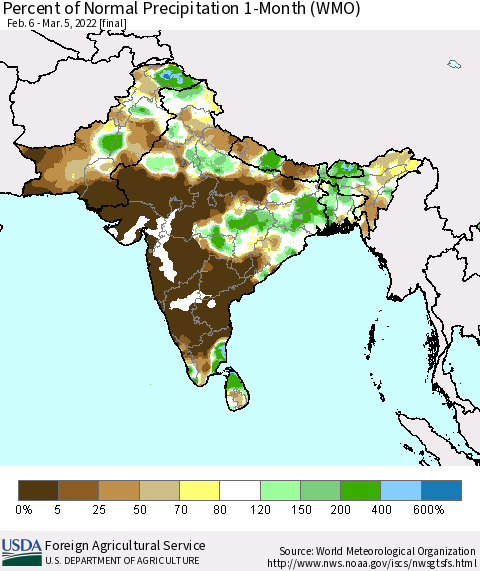 Southern Asia Percent of Normal Precipitation 1-Month (WMO) Thematic Map For 2/6/2022 - 3/5/2022