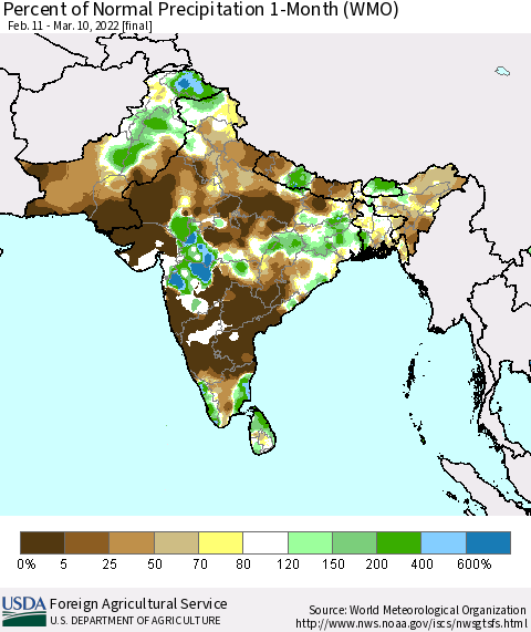 Southern Asia Percent of Normal Precipitation 1-Month (WMO) Thematic Map For 2/11/2022 - 3/10/2022