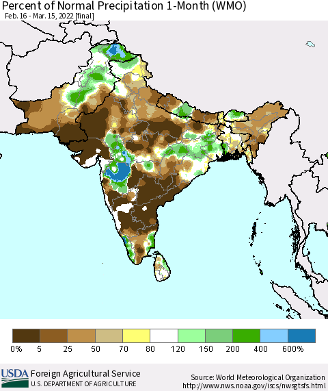 Southern Asia Percent of Normal Precipitation 1-Month (WMO) Thematic Map For 2/16/2022 - 3/15/2022