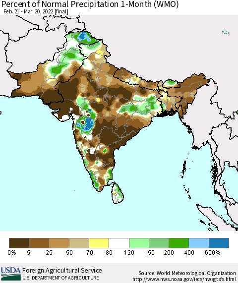 Southern Asia Percent of Normal Precipitation 1-Month (WMO) Thematic Map For 2/21/2022 - 3/20/2022