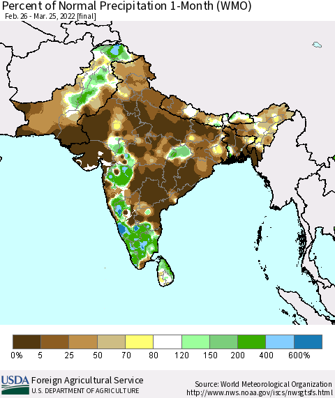Southern Asia Percent of Normal Precipitation 1-Month (WMO) Thematic Map For 2/26/2022 - 3/25/2022