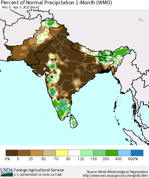 Southern Asia Percent of Normal Precipitation 1-Month (WMO) Thematic Map For 3/6/2022 - 4/5/2022