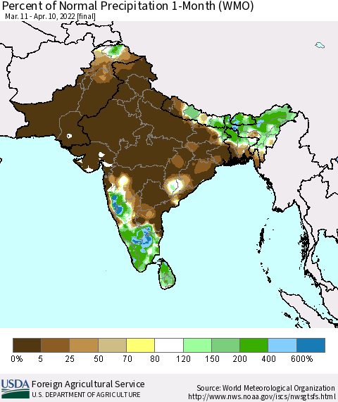 Southern Asia Percent of Normal Precipitation 1-Month (WMO) Thematic Map For 3/11/2022 - 4/10/2022
