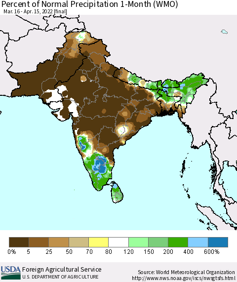 Southern Asia Percent of Normal Precipitation 1-Month (WMO) Thematic Map For 3/16/2022 - 4/15/2022