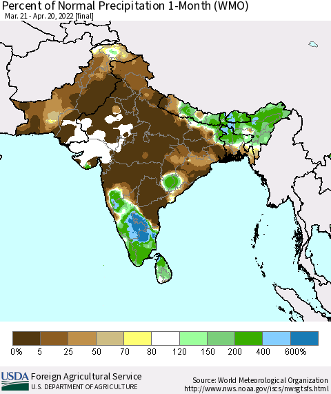 Southern Asia Percent of Normal Precipitation 1-Month (WMO) Thematic Map For 3/21/2022 - 4/20/2022