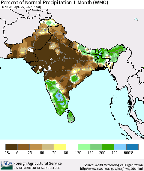 Southern Asia Percent of Normal Precipitation 1-Month (WMO) Thematic Map For 3/26/2022 - 4/25/2022