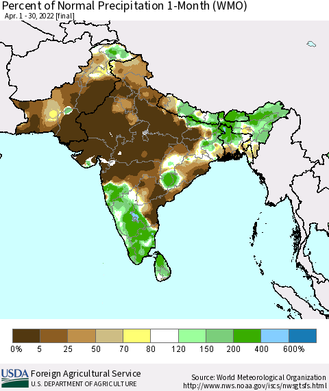 Southern Asia Percent of Normal Precipitation 1-Month (WMO) Thematic Map For 4/1/2022 - 4/30/2022