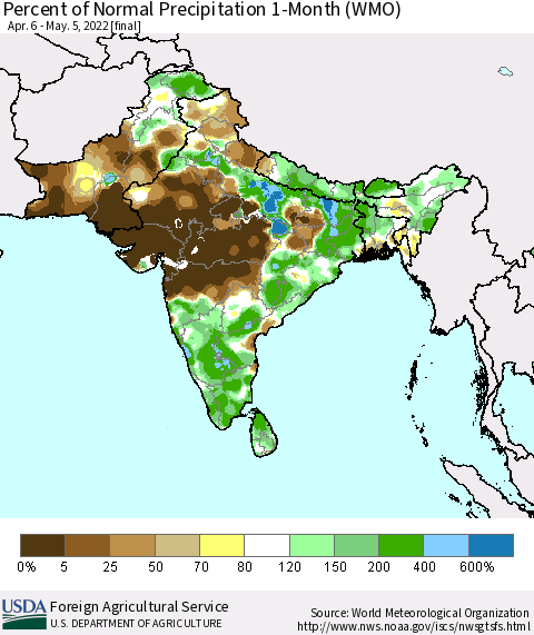 Southern Asia Percent of Normal Precipitation 1-Month (WMO) Thematic Map For 4/6/2022 - 5/5/2022