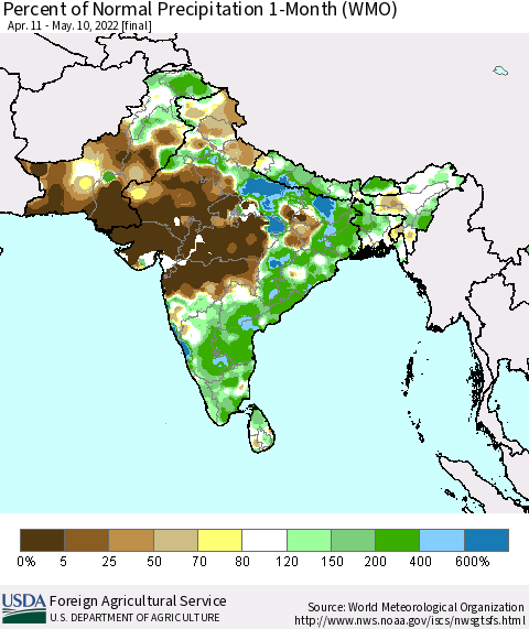 Southern Asia Percent of Normal Precipitation 1-Month (WMO) Thematic Map For 4/11/2022 - 5/10/2022