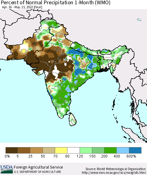 Southern Asia Percent of Normal Precipitation 1-Month (WMO) Thematic Map For 4/16/2022 - 5/15/2022