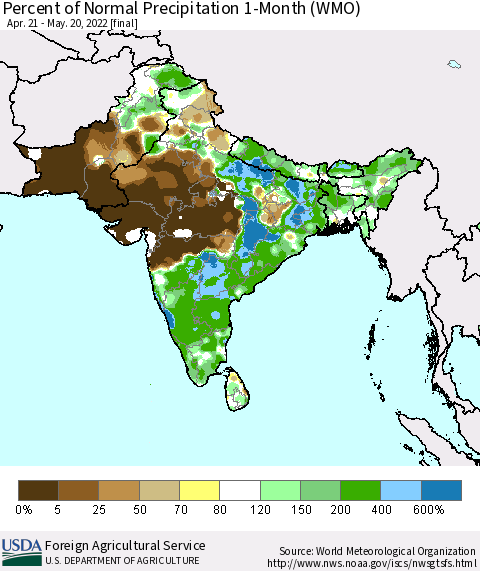 Southern Asia Percent of Normal Precipitation 1-Month (WMO) Thematic Map For 4/21/2022 - 5/20/2022