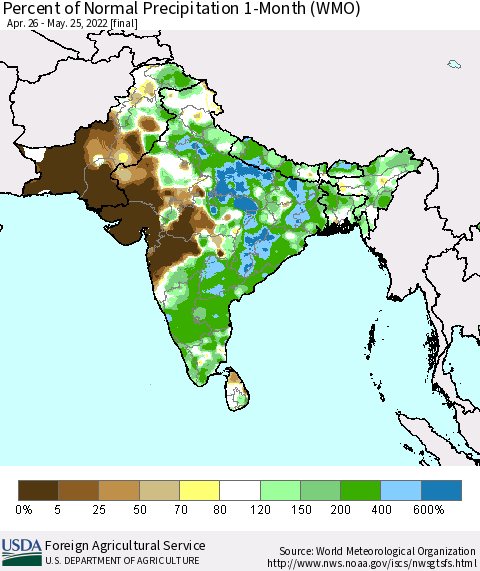 Southern Asia Percent of Normal Precipitation 1-Month (WMO) Thematic Map For 4/26/2022 - 5/25/2022