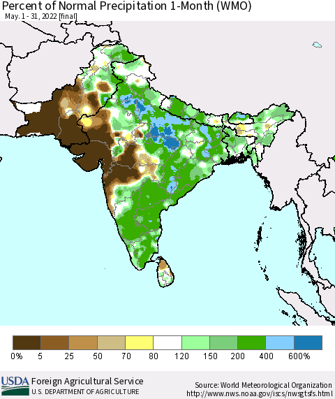 Southern Asia Percent of Normal Precipitation 1-Month (WMO) Thematic Map For 5/1/2022 - 5/31/2022