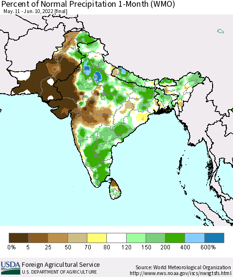 Southern Asia Percent of Normal Precipitation 1-Month (WMO) Thematic Map For 5/11/2022 - 6/10/2022