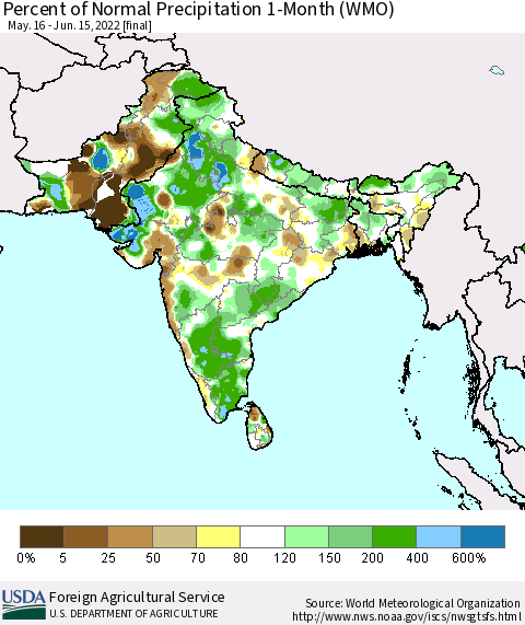Southern Asia Percent of Normal Precipitation 1-Month (WMO) Thematic Map For 5/16/2022 - 6/15/2022