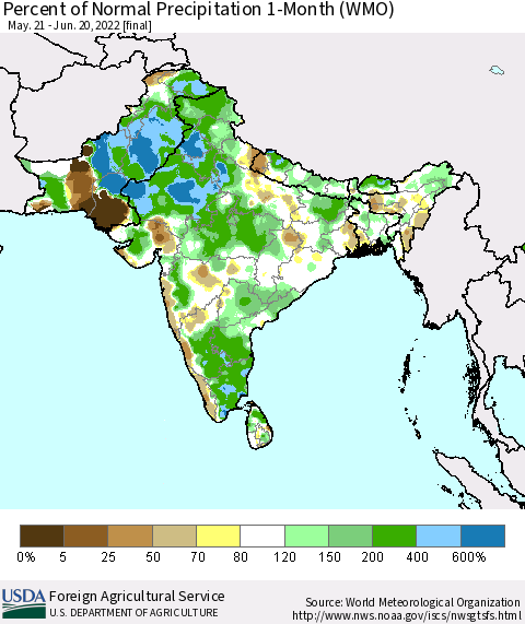 Southern Asia Percent of Normal Precipitation 1-Month (WMO) Thematic Map For 5/21/2022 - 6/20/2022
