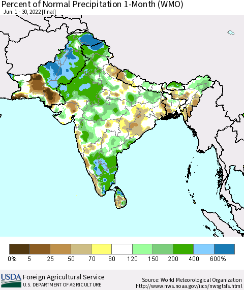 Southern Asia Percent of Normal Precipitation 1-Month (WMO) Thematic Map For 6/1/2022 - 6/30/2022