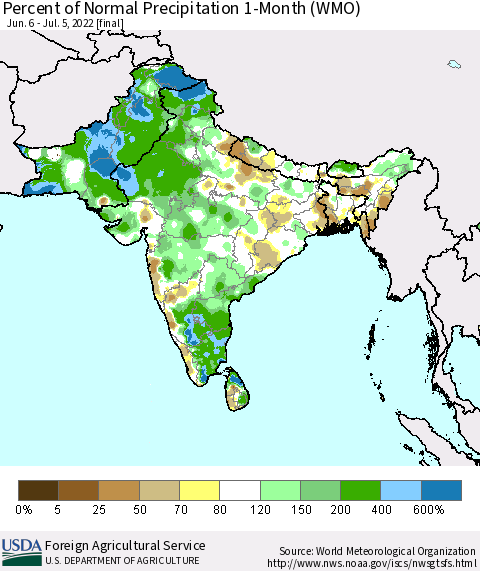 Southern Asia Percent of Normal Precipitation 1-Month (WMO) Thematic Map For 6/6/2022 - 7/5/2022