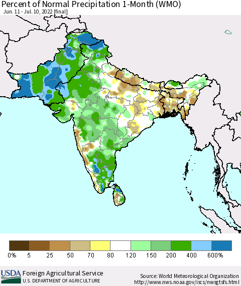 Southern Asia Percent of Normal Precipitation 1-Month (WMO) Thematic Map For 6/11/2022 - 7/10/2022