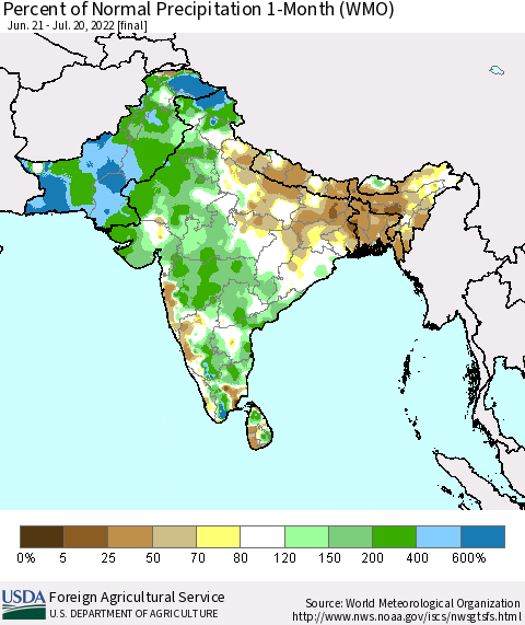 Southern Asia Percent of Normal Precipitation 1-Month (WMO) Thematic Map For 6/21/2022 - 7/20/2022