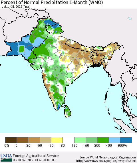 Southern Asia Percent of Normal Precipitation 1-Month (WMO) Thematic Map For 7/1/2022 - 7/31/2022