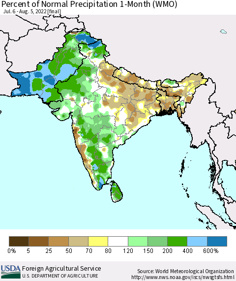 Southern Asia Percent of Normal Precipitation 1-Month (WMO) Thematic Map For 7/6/2022 - 8/5/2022