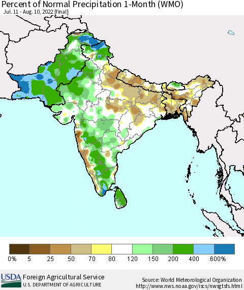 Southern Asia Percent of Normal Precipitation 1-Month (WMO) Thematic Map For 7/11/2022 - 8/10/2022