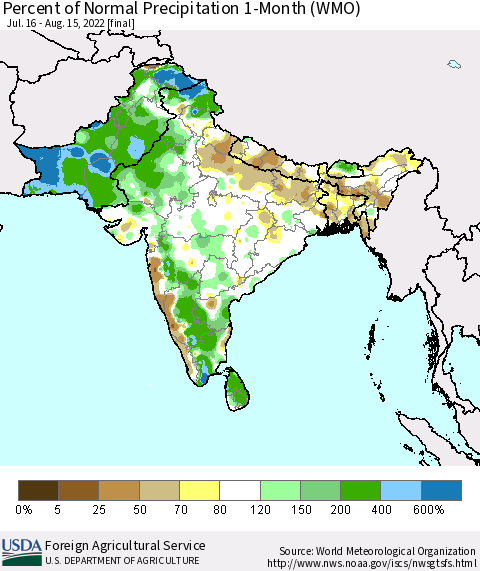 Southern Asia Percent of Normal Precipitation 1-Month (WMO) Thematic Map For 7/16/2022 - 8/15/2022