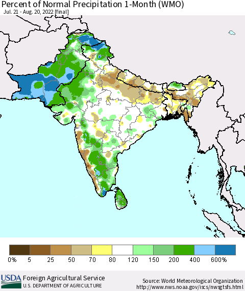 Southern Asia Percent of Normal Precipitation 1-Month (WMO) Thematic Map For 7/21/2022 - 8/20/2022