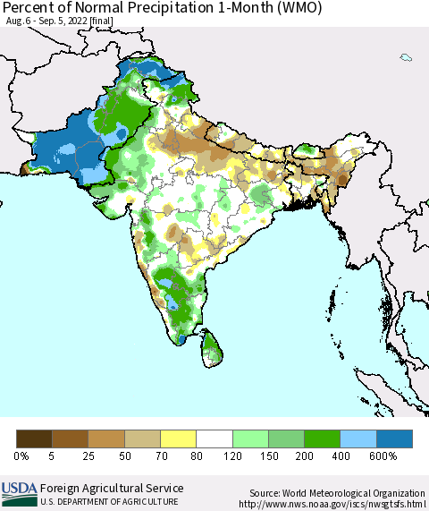 Southern Asia Percent of Normal Precipitation 1-Month (WMO) Thematic Map For 8/6/2022 - 9/5/2022