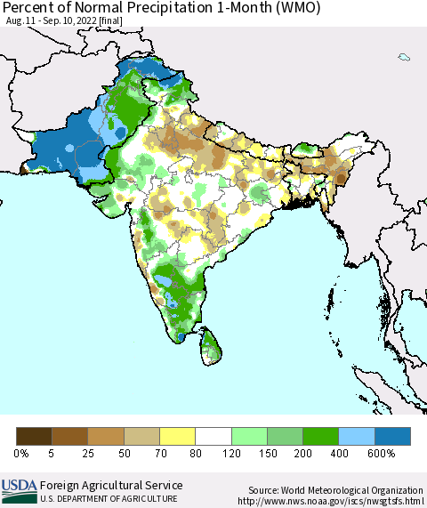 Southern Asia Percent of Normal Precipitation 1-Month (WMO) Thematic Map For 8/11/2022 - 9/10/2022