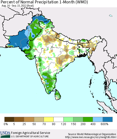 Southern Asia Percent of Normal Precipitation 1-Month (WMO) Thematic Map For 8/16/2022 - 9/15/2022