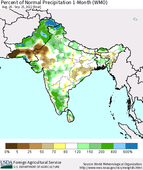 Southern Asia Percent of Normal Precipitation 1-Month (WMO) Thematic Map For 8/26/2022 - 9/25/2022