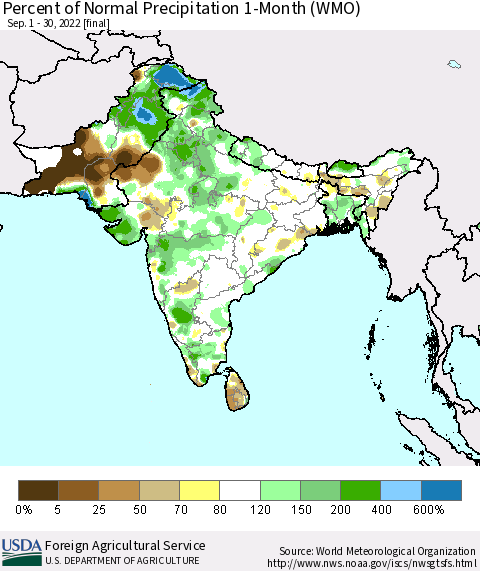 Southern Asia Percent of Normal Precipitation 1-Month (WMO) Thematic Map For 9/1/2022 - 9/30/2022