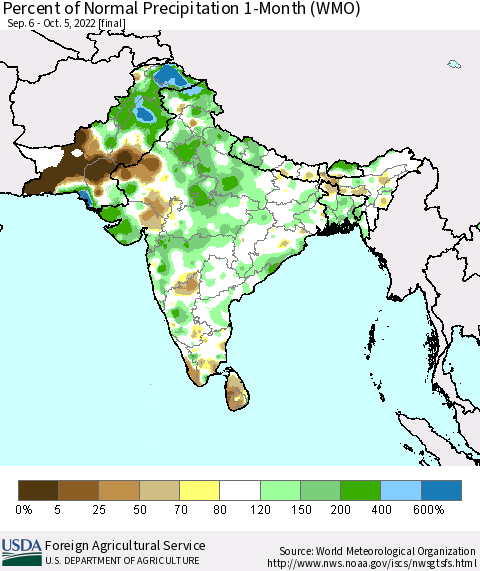Southern Asia Percent of Normal Precipitation 1-Month (WMO) Thematic Map For 9/6/2022 - 10/5/2022