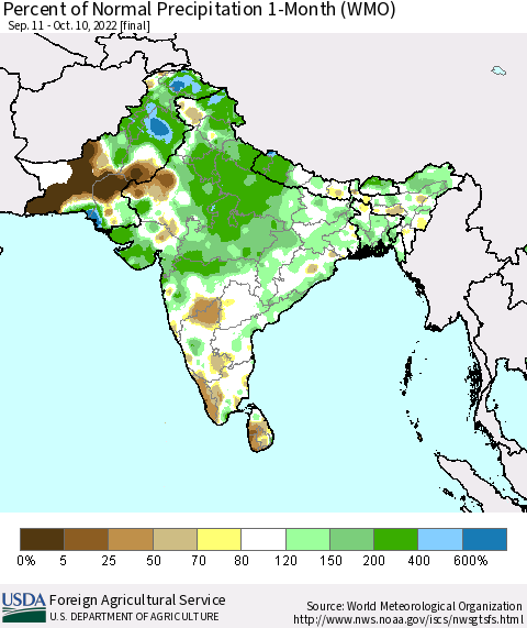 Southern Asia Percent of Normal Precipitation 1-Month (WMO) Thematic Map For 9/11/2022 - 10/10/2022