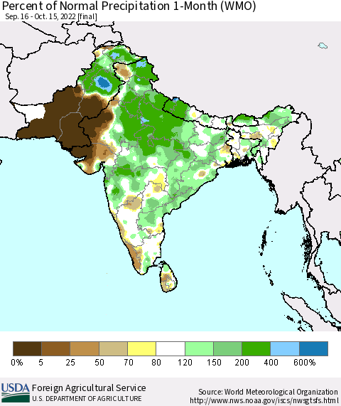 Southern Asia Percent of Normal Precipitation 1-Month (WMO) Thematic Map For 9/16/2022 - 10/15/2022