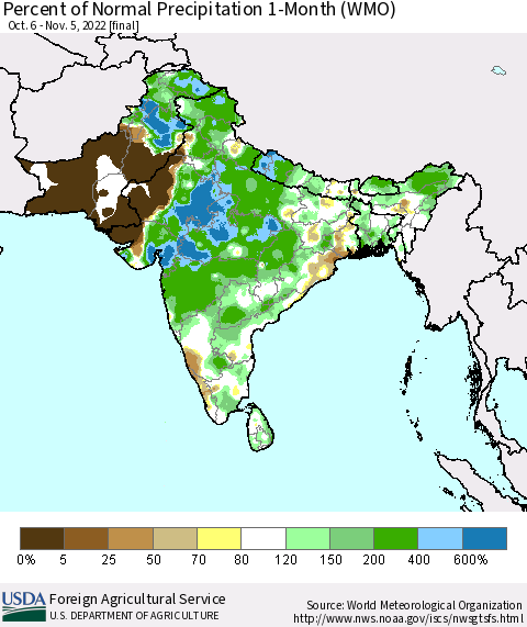 Southern Asia Percent of Normal Precipitation 1-Month (WMO) Thematic Map For 10/6/2022 - 11/5/2022