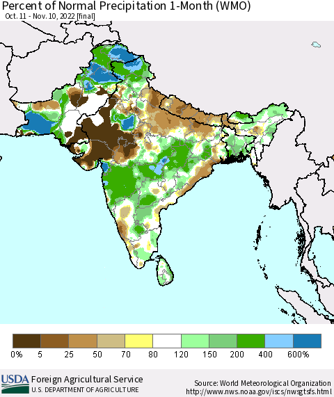 Southern Asia Percent of Normal Precipitation 1-Month (WMO) Thematic Map For 10/11/2022 - 11/10/2022