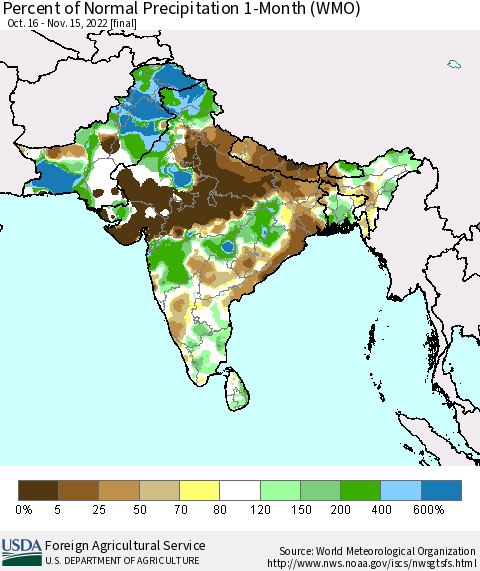 Southern Asia Percent of Normal Precipitation 1-Month (WMO) Thematic Map For 10/16/2022 - 11/15/2022
