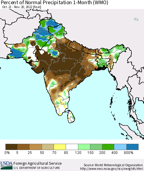 Southern Asia Percent of Normal Precipitation 1-Month (WMO) Thematic Map For 10/21/2022 - 11/20/2022