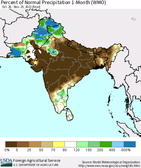 Southern Asia Percent of Normal Precipitation 1-Month (WMO) Thematic Map For 10/26/2022 - 11/25/2022