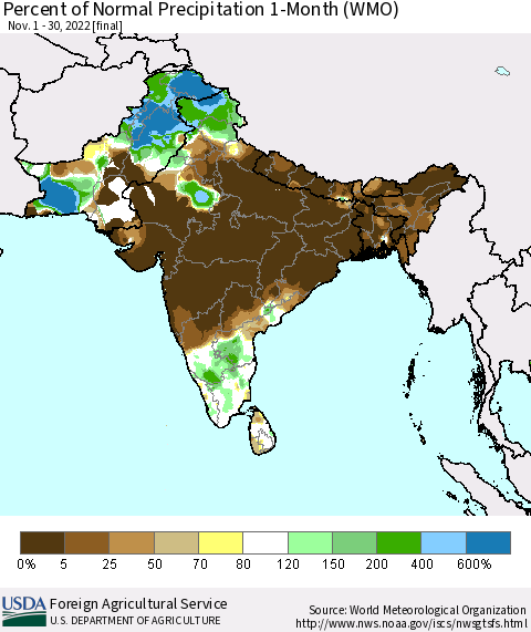 Southern Asia Percent of Normal Precipitation 1-Month (WMO) Thematic Map For 11/1/2022 - 11/30/2022