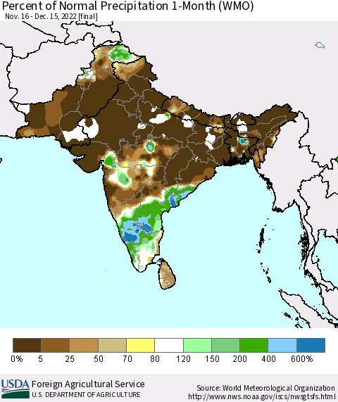 Southern Asia Percent of Normal Precipitation 1-Month (WMO) Thematic Map For 11/16/2022 - 12/15/2022