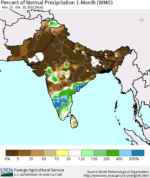 Southern Asia Percent of Normal Precipitation 1-Month (WMO) Thematic Map For 11/21/2022 - 12/20/2022
