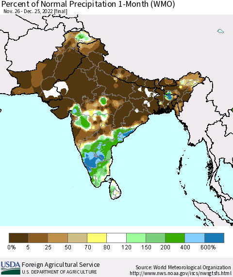 Southern Asia Percent of Normal Precipitation 1-Month (WMO) Thematic Map For 11/26/2022 - 12/25/2022