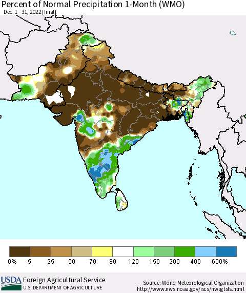 Southern Asia Percent of Normal Precipitation 1-Month (WMO) Thematic Map For 12/1/2022 - 12/31/2022